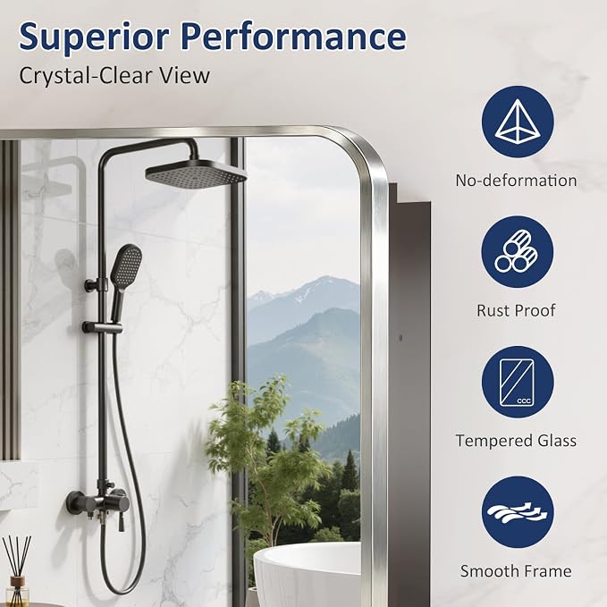 Medicine Cabinet Mirror 16x24 Inch, Brushed Nickel Bathroom Mirror Cabinet with Stepless Adjustable Shelves, Stainless Steel Frame, Bathroom Mirror with Storage Recessed or Wall Mount