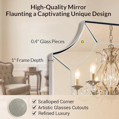 30"x30" Brushed Nickel Square Mirror, Silver Bathroom Mirror for Over Sink, Modern Mirror with Unique Notched Corner, Non-Rusting Vanity Mirror in Delicate Tessellated Glass Design