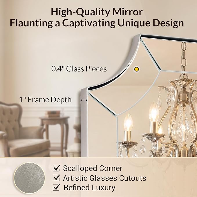 Brushed Nickel Bathroom Mirror, 24"x32" Scalloped Wall Mirror, Vintage Notched Corner Mirror, Anti-Rust Metal Framed Mirror for Bathroom, Thin Frame Deep 1", Hangs Vertical or Horizontal