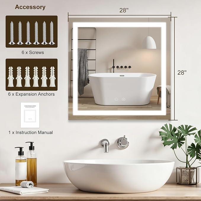 28"X28" Square LED Bathroom Mirror with Lights | Lighted Bathroom Vanity Mirror for Wall, Anti-Fog, Dimmable, 3 Color Temperature, HD Tempered Glass(Vertical Only)