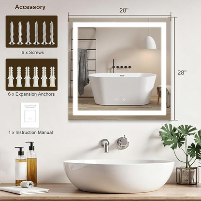 28"X28" Square LED Bathroom Mirror with Lights | Lighted Bathroom Vanity Mirror for Wall, Anti-Fog, Dimmable, 3 Color Temperature, HD Tempered Glass(Vertical Only)
