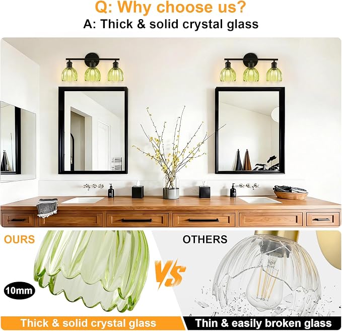 Bathroom Light Fixtures, 3-Light Brushed Black Vanity Lights for Bathroom with Green Tulip Glass Shade, 20" Vintage Bathroom Vanity Lighting Fixtures Over Mirror for Bedroom Living Room Hallway