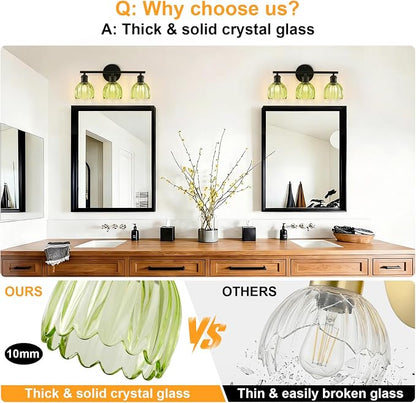 Bathroom Light Fixtures, 3-Light Brushed Black Vanity Lights for Bathroom with Green Tulip Glass Shade, 20" Vintage Bathroom Vanity Lighting Fixtures Over Mirror for Bedroom Living Room Hallway