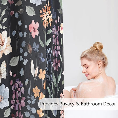 Black Floral Shower Curtain 60x72, Colorful Wildflower Dark Fabric Shower Curtains, Flower Botanical Leaf Bath Curtain Boho Vintage Rustic Shower Curtain Moody Maximalist Bathroom Decor
