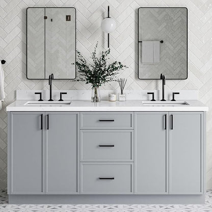 ARIEL Kelly 72-inch Bathroom Vanity with Sink,Solid Wood, 1.5-inch Carrara White Quartz Countertop & Backsplash, Double Rectangular Porcelain Sink, 4 Soft Closing Doors, 5 Dovetail Drawers, Grey