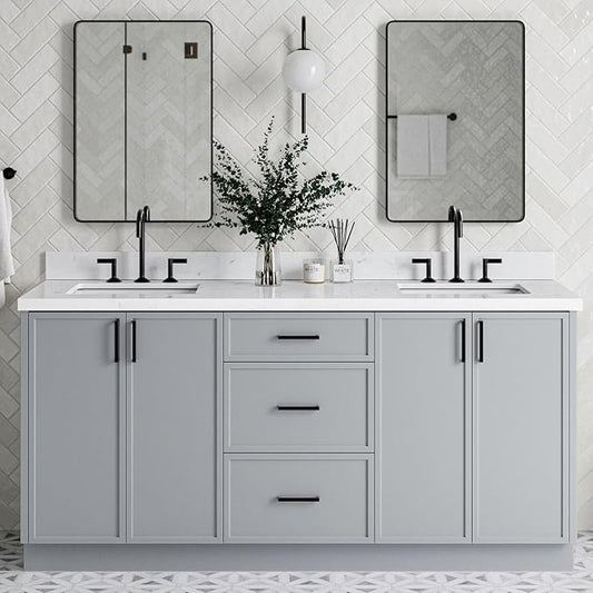 ARIEL Kelly 72-inch Bathroom Vanity with Sink,Solid Wood, 1.5-inch Carrara White Quartz Countertop & Backsplash, Double Rectangular Porcelain Sink, 4 Soft Closing Doors, 5 Dovetail Drawers, Grey