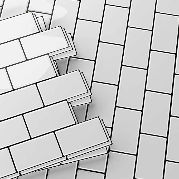 Peel and Stick Backsplash for Kitchen, White and Black | 10 pack self‑adhesive tiles for backsplash, bathroom, or accent wall. Easy DIY install and wipeable. Covers approx. 10 sq ft.