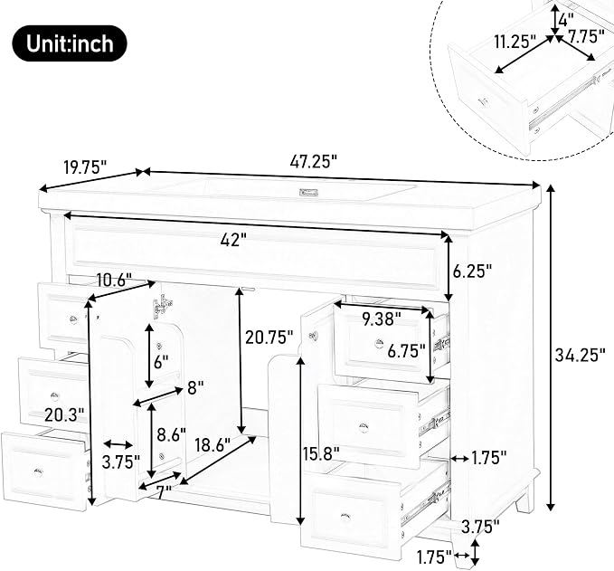 Harper & Bright Designs 48" Bathroom Vanity Set with Sink, Free Standing Single Basin Vanity Set with 2 Soft-Close Doors and 6 Drawers, Wood Storage Cabinet with Resin Basin for Bathroom, White