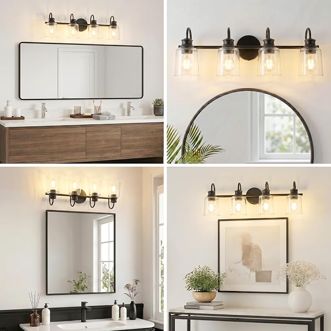 4 Lights Bathroom Light Fixtures Modern Black Vanity Lights | ETL Certificate, Easy to Install,Wall Mount Up or Down,Thickened Glass Lampshade,E26 Socket,Hardwired