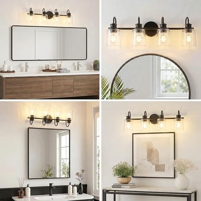 4 Lights Bathroom Light Fixtures Modern Black Vanity Lights | ETL Certificate, Easy to Install,Wall Mount Up or Down,Thickened Glass Lampshade,E26 Socket,Hardwired