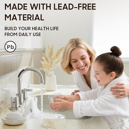 Phiestina 8 Inch 3 Hole Widespread Chrome Bathroom Faucet 2 Handle Bathroom Vanity Faucet with Metal Pop Up Drain & Water Supply line,BF03042-K01-C