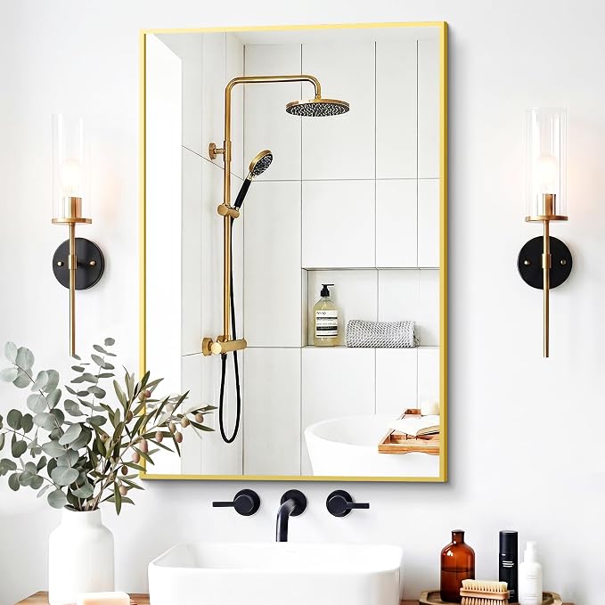 Bathroom Mirror for Wall, 36"x24" Gold Vanity Mirror | Sturdy Rectangular Metal Frame, HD Tempered Glass, Hangs Horizontally or Vertically in Bedroom, Living Room, Entryway