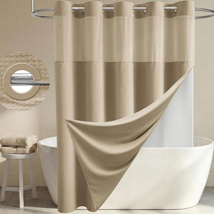 Beige Hook Free Waffle Shower Curtain & Snap-in Fabric Liner,60x75 | Less Time to install, 3 in 1 Fabric Shower Curtain and Liner Set with Magnets, Stall, Shower Curtains for Bathroom