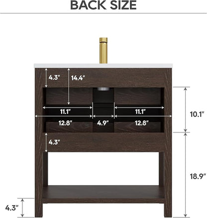 30 Inch Bathroom Vanity with Sink, Farmhouse Storage Cabinet with Drawers & Open Storage Shelf, Easy Assembly, Adjustable Feet, Walnut