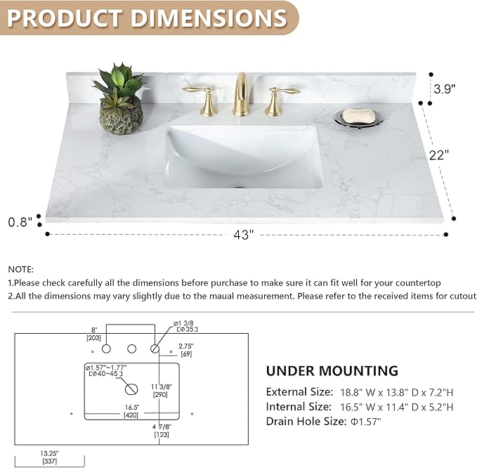 Ceres 43" Engineered Stone Vanity Top in Grain White with Single White Sink