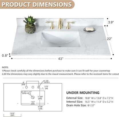 Ceres 43" Engineered Stone Vanity Top in Grain White with Single White Sink