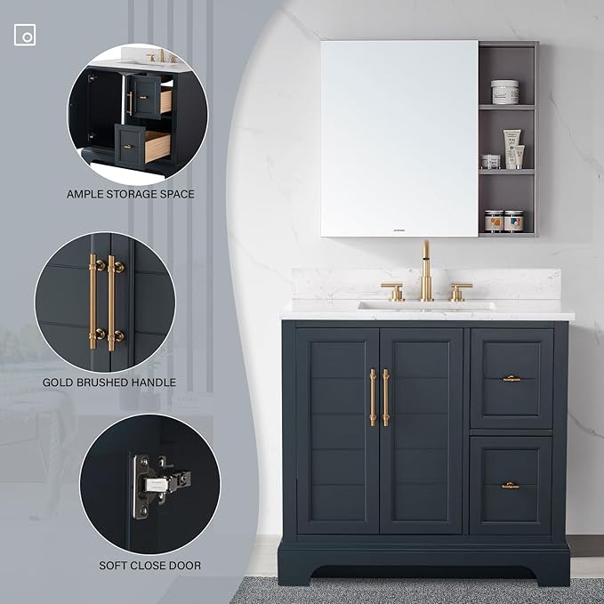 HOMEBEYOND 36 Inch Bathroom Vanity with Single Sink & Ceramic Top, Vanity Cabinet with Center Countertop Basin, Soft-Closing Doors, Backsplash, Vintage Spruce Blue