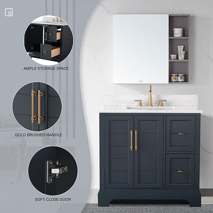 HOMEBEYOND 36 Inch Bathroom Vanity with Single Sink & Ceramic Top, Vanity Cabinet with Center Countertop Basin, Soft-Closing Doors, Backsplash, Vintage Spruce Blue