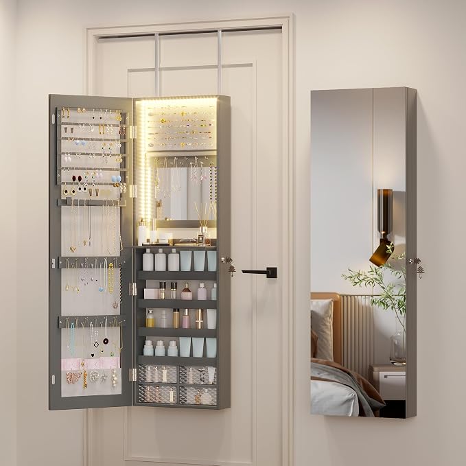 47.2" LED Jewelry Mirror Cabinet, Wall/Door Mounted Jewelry Armoire Organizer with Full Length Mirror, Large Storage Hanging Cabinet, 4 Drawers, 5 Shelves, Built-in Lighted Mirror (Grey)