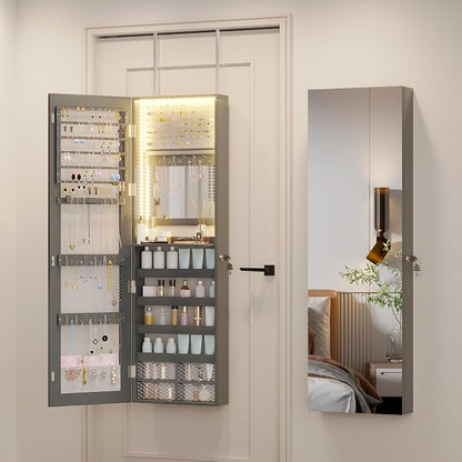 47.2" LED Jewelry Mirror Cabinet, Wall/Door Mounted Jewelry Armoire Organizer with Full Length Mirror, Large Storage Hanging Cabinet, 4 Drawers, 5 Shelves, Built-in Lighted Mirror (Grey)