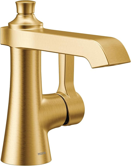 Moen Brushed Gold Flara One-Handle Single Hole Bathroom Faucet with Drain Assembly, S6981BG