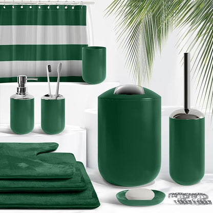 Clara Clark Bathroom Set - Green Bathroom Accessories Set, Bathroom Sets with Shower Curtain and Rugs, 23PC Shower Curtain Set with Liner, Soap Dispenser, Soap Dish, Toilet Brush Holder, and Trash Can