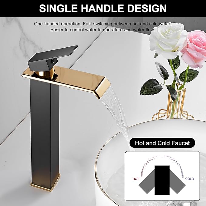 Matte Black Bathroom Faucet Golden Waterfall Vessel Sink Faucet Single Handle Bowl Vanity Sink Faucet Modern Single Hole Basin Bathroom Sink Faucet with Pop Up Drain and Faucet Supply Hose