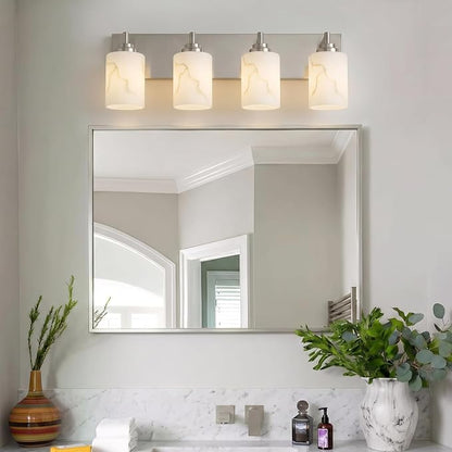 4-Light Bathroom Light Fixture, Brushed Nickel Modern Vanity Light with White Marble Glass Shade, for Bathroom Mirror, Living Room, Bedroom, Hallway, E26 Base, Extended Base