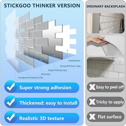 STICKGOO Subway Tile Peel and Stick Backsplash, Thicker Design 12" x 12" Stick on Backsplash Tiles for Kitchen, Bathroom, Wall Tile (1 Sheet, Light Grey)