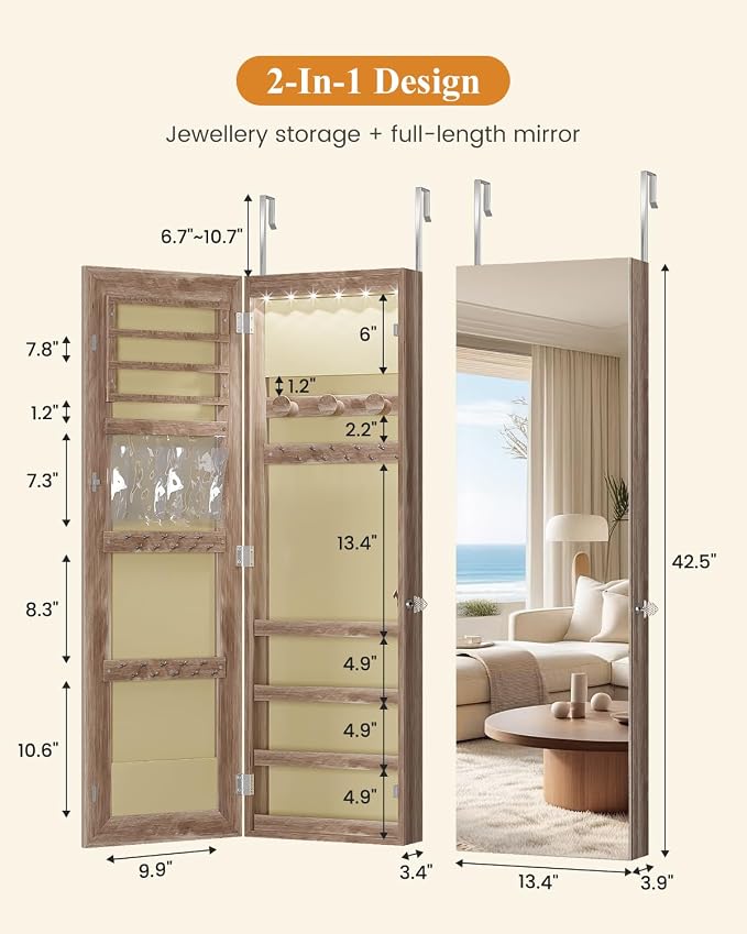 LVSOMT Over The Door Jewelry Organizer, 6 LED Wall Mounted Jewelry Cabinet | Lockable 42.5" Full Length Mirror with Jewelry Storage, Hanging Jewelry Mirror Cabinet, Jewelry Armoire for Women, Wood