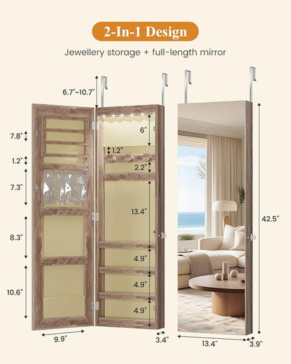 LVSOMT Over The Door Jewelry Organizer, 6 LED Wall Mounted Jewelry Cabinet | Lockable 42.5" Full Length Mirror with Jewelry Storage, Hanging Jewelry Mirror Cabinet, Jewelry Armoire for Women, Wood