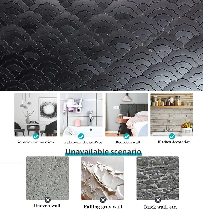 XUANINY 7-Sheet Peel and Stick Metal Backsplash Tiles, Self Adhesive Cloud-Shaped Aluminum Mosaic 3D Wall Sticker for Kitchen Bathroom Living Room Decor (Black, 11)