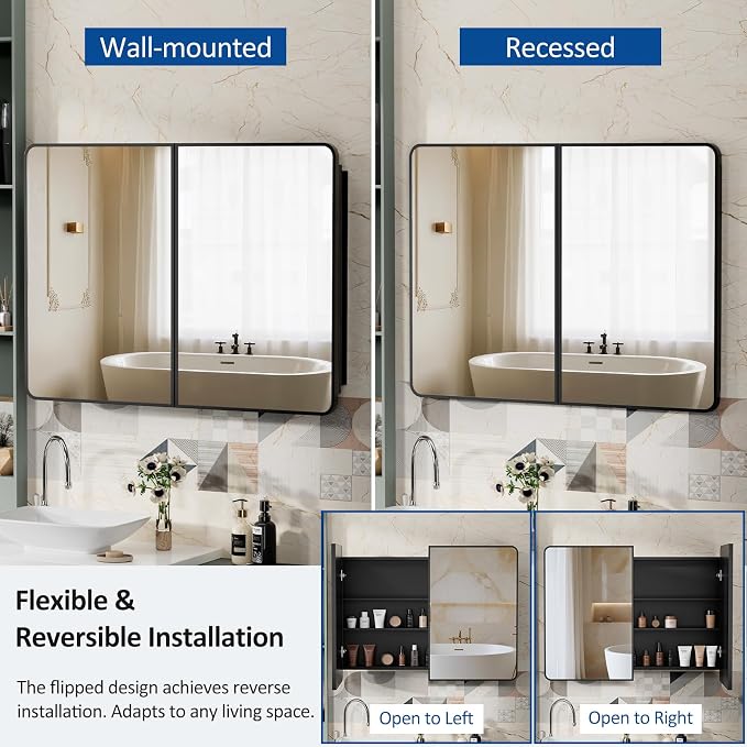 ACEMIRO 40x30 Inch Black Medicine Cabinet Mirror Metal Framed Recessed Bathroom Medicine Cabinets with Mirror and Storage Wall Mounted