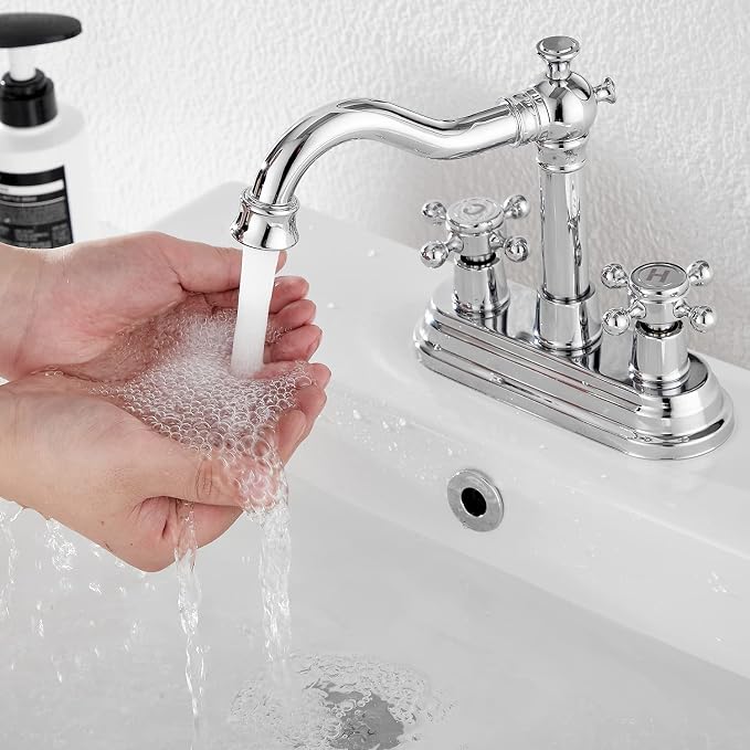 Chrome Bathroom Faucet GGStudy 2 Handles 4 Inches Centerset Bathroom Vanity with Drain Assembly and Supply Hose Lavatory Faucet Mixer Double Handle Tap