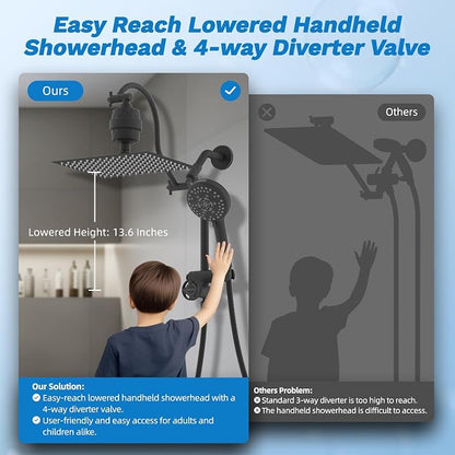 Hibbent 12" Dual Filtered 10" Rainfall Shower Head with Handheld 10-Spray | High Pressure Metal Matte Black Showerhead Combo with Filter, Extension Arm with 4-way Diverter, 71'' Shower Hose & Holder