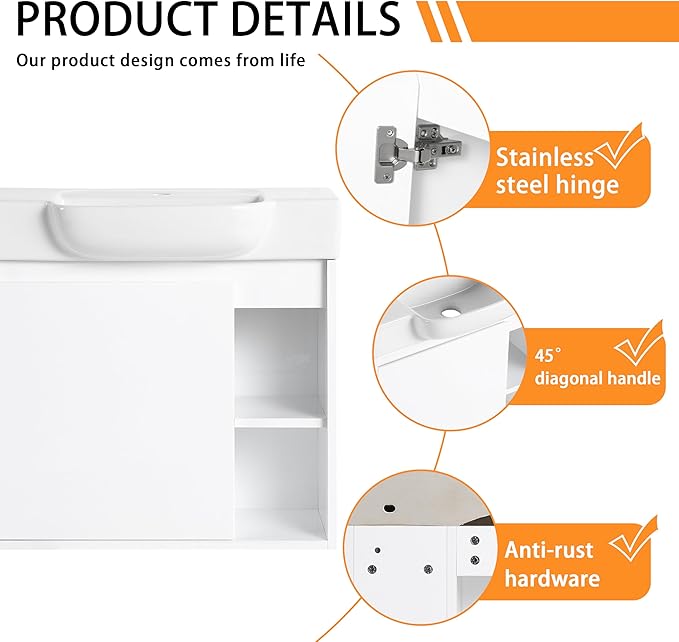 24" Wall-Mounted Bathroom Vanity with Ceramic Sink, 24 inch Floating Single Sink Vanity Cabinet Modern Brown 1-Door Design with Storage Shelf (Space-Saving for Small Bathrooms), White