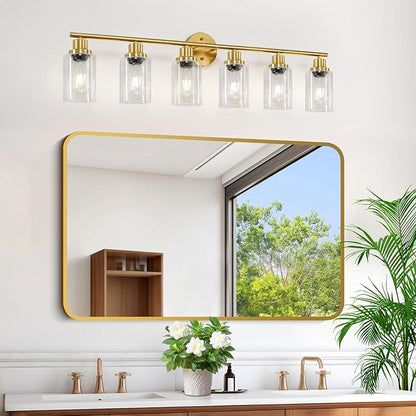 6-Light E26 Gold Bathroom Vanity Lights, Modern Bathroom Light Fixtures with Clear Glass Shade, Wall Lamps for Mirror Hallway Kitchen Cabinet Living Room Sconces Lights