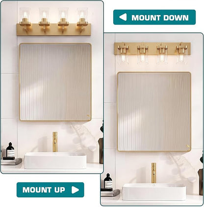 Bathroom Lighting Fixtures Over Mirror, Square Design & Rectangle Large Backplate, 4 Lights Modern Vanity Lighting Fixtures, Bathroom Light Fixtures for Bathroom/Living Room/Bedroom, Gold