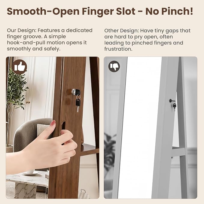 4-In-1 Jewelry Cabinet Jewelry Armoire Lockable Standing, Brown | Jewelry Organizer with Storage, Full-Length Mirror, 3 Storage Shelves, Makeup Mirror, 360 ° Swivel Jewelry Armoire for Women