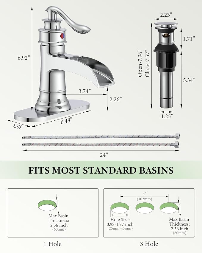 Bathroom Faucet Chrome Waterfall Bathroom Sink Faucets with Single Handle | Rustic Vanity Farmhouse RV Faucet Suitable for 1 or 3 Holes with Pop-up Drain Deck Plate Hose by Homevacious