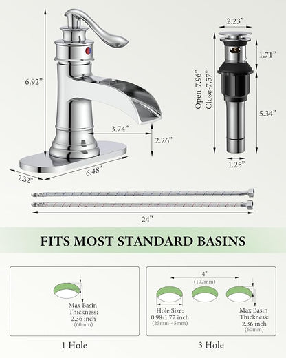 Bathroom Faucet Chrome Waterfall Bathroom Sink Faucets with Single Handle | Rustic Vanity Farmhouse RV Faucet Suitable for 1 or 3 Holes with Pop-up Drain Deck Plate Hose by Homevacious