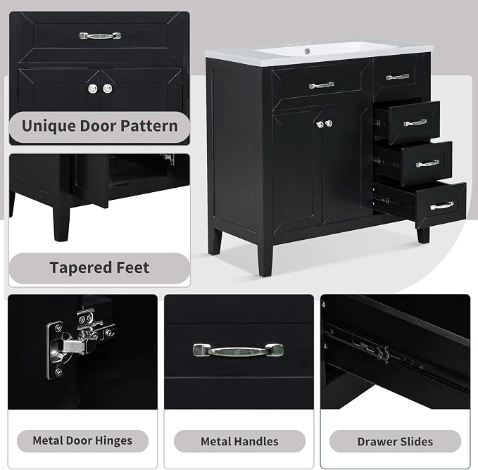 36 Inch Bathroom Vanities with Undermount Ceramic Sink, Storage Cabinet with Soft Closing Doors and Three Drawers, Solid Wood Frame, Black