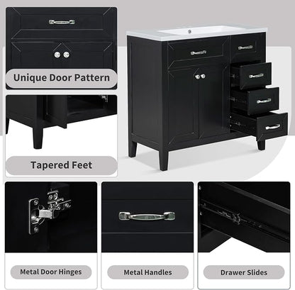36 Inch Bathroom Vanities with Undermount Ceramic Sink, Storage Cabinet with Soft Closing Doors and Three Drawers, Solid Wood Frame, Black