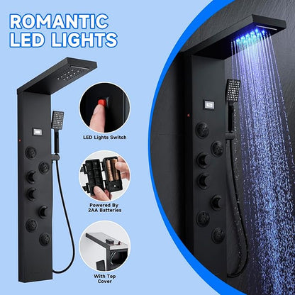 MEANTT LED Lights Shower Panel Tower - Waterfall Rainfall Shower Panel Tower System with 4 Body Jets - 5-in-1 Multifunction Shower Column - Matte Black Stainless Steel Shower Tower with Handheld