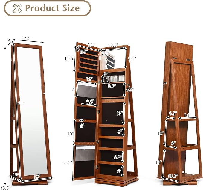 COSTWAY 360 Rotating Jewelry Armoire Cabinet, Standing Jewelry Organizer w/Full-Length Mirror & Large Storage Space, Lockable Mirror Jewelry Cabinet for Girls Women (Walnut)