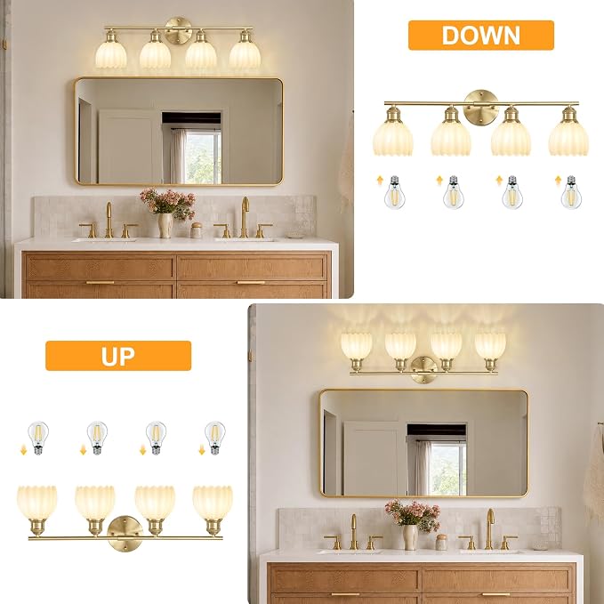 Bathroom Light Fixtures, 4-Light Brushed Gold Vanity Lights for Bathroom with White Tulip Glass Shade, 26" Vintage Bathroom Vanity Lighting Fixtures Over Mirror for Bedroom Living Room Hallway