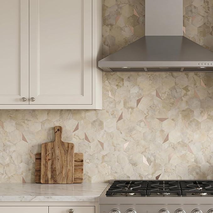 10-Sheet Heavy-Duty Hexagon Peel and Stick Backsplash, Thick Waterproof &Heat Resistant Stick on Wall Tiles, Ecru Beige Stone Mosaic for Kitchen & Bathroom, Strong Adhesive Permanent PVC Tiles