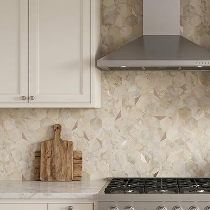10-Sheet Heavy-Duty Hexagon Peel and Stick Backsplash, Thick Waterproof &Heat Resistant Stick on Wall Tiles, Ecru Beige Stone Mosaic for Kitchen & Bathroom, Strong Adhesive Permanent PVC Tiles