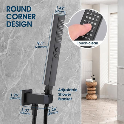 All-Metal High Pressure Square Handheld Shower Head with Jet Spray and Rainfall Modes, Volume Control Regulator, ON/OFF Switch, Hose and Wall Mounted Adjustable Bracket (Matt Black)
