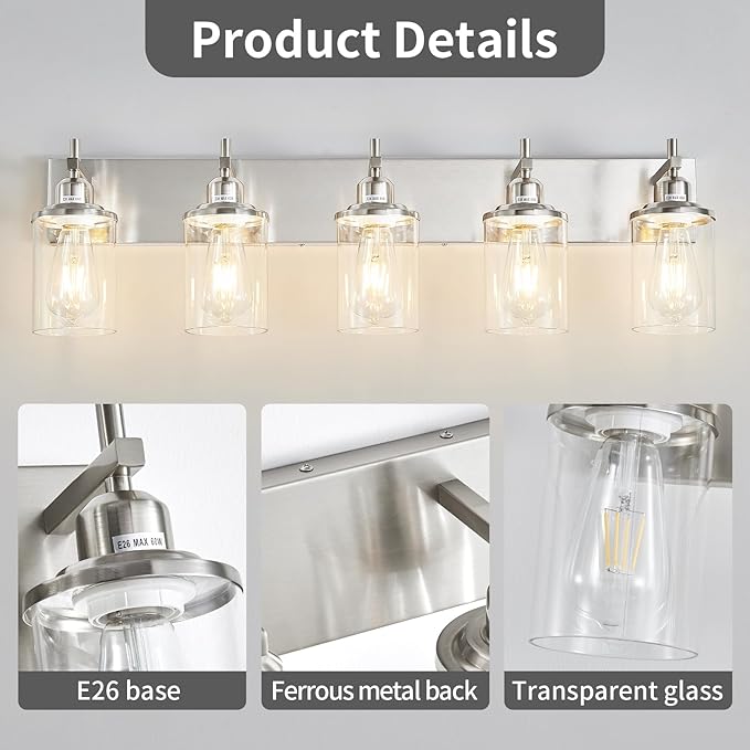 5-Light Brushed Nickel Bathroom Light Fixture Over Mirror Modern Bathroom Vanity Light Vintage Wall Lighting with Clear Glass Shade for Bathroom, Bedroom, Hallway, Cabinet